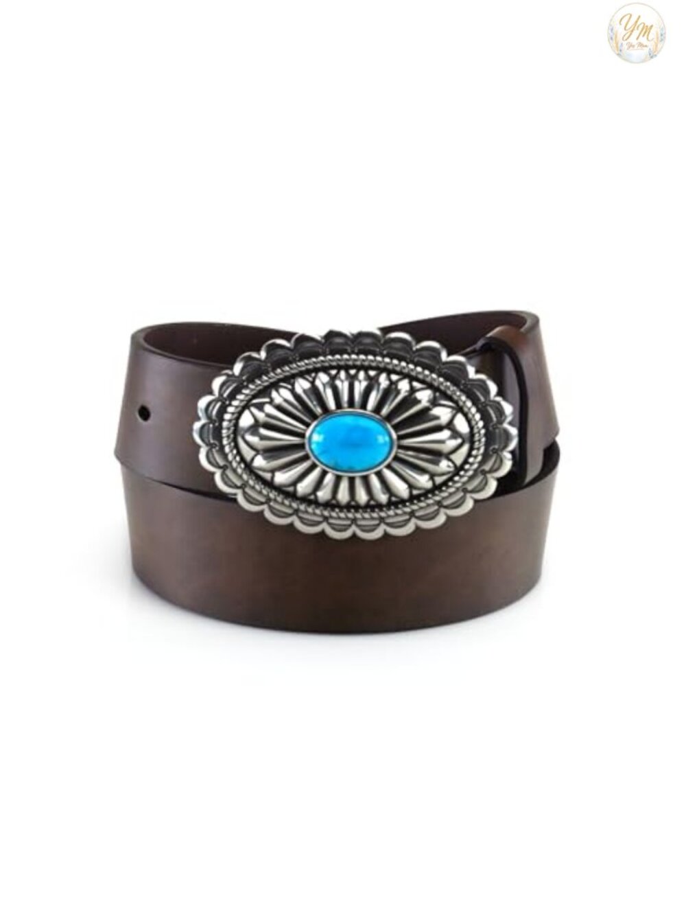 Leather Belt with Oval Concho Buckle Turquoise Stone